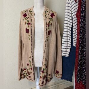 Vintage Cotton Tan Embroidered Longline Boho Hippie Whimsy Fairy Floral Cardigan